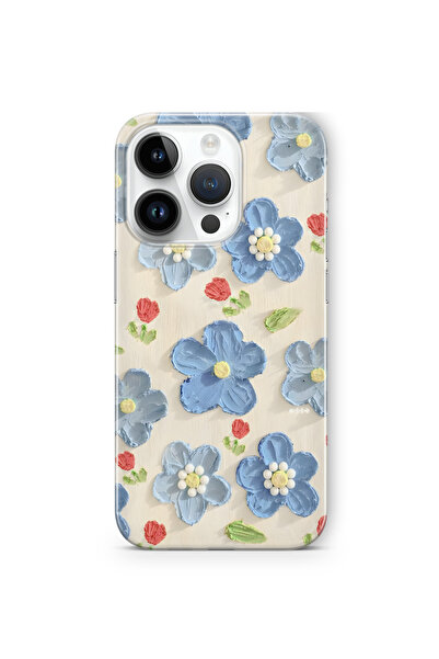FLAMENKO iPhone 15 Pro Uyumlu Mavi Yağlı Boya Çiçek Desenli Şeffaf Telefon Kı...