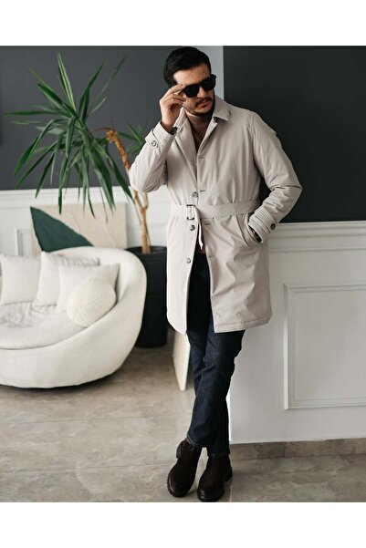 Avni Ceylan Men's Light Gray Buttoned Belted Trench Coat