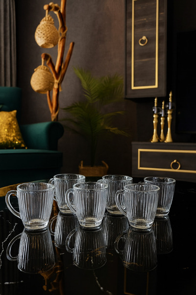 Gülümseten Avm 6-Piece Glass Tea Cup with Handle |   Vertical Striped Origami Pattern Handled Cup |   Neskahve Bardağı