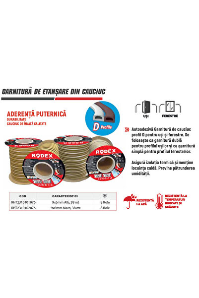 Rodex Self-Adhesive Rubber Sealing Tape D 9x6mm, 2x38m, White, Thermal Insulation, RHT2310101076