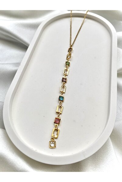 stainless steell Renkli Çerçeveli Sarkıt Çelik Kolye