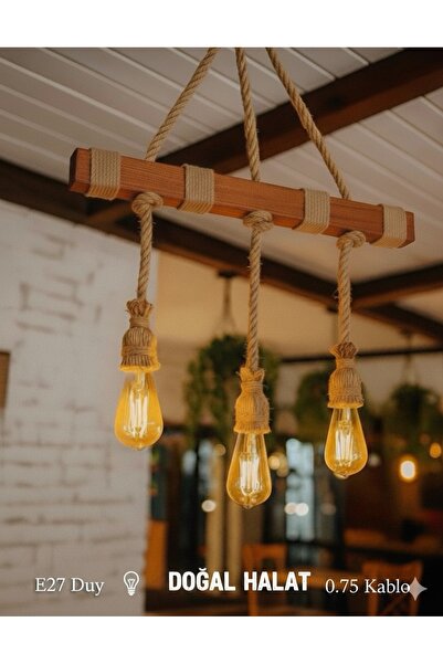 AYBÜK PABUÇ Doğal Halatlı Dekoratif 3’lü Avize – Bohem & Vintage Aydınlatma