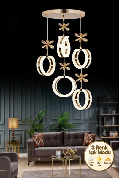 Litra Lighting Aurea Model 5’li Kristal Taşlı Gold 3 Renk Modu Ledli Salon Mutfak Oturma Odası Sarkıt Led Avize