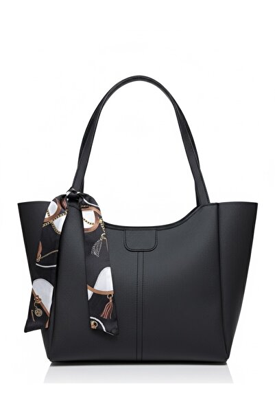 MADESSA COLLECTION Fular Detaylı Büyük Boy Siyah Renk Kadın El Ve Omuz Çantası