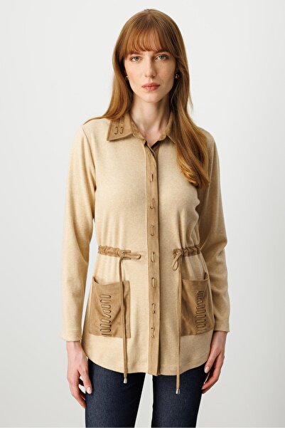 Moda İlgi Modailgi Süet Kumaş Garni Detaylı Belden Tünel Bağcıklı Lazer Kesim Triko Gömlek Camel