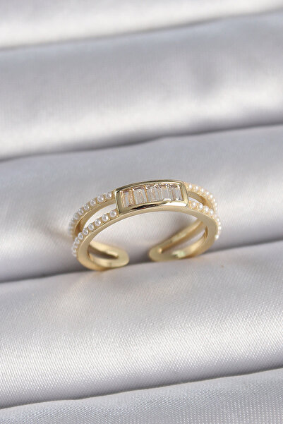 Skygo Brass Gold Color Adjustable Rows Women's Ring with Pearls and Zircon Stone Detail - Tj-Byk3380