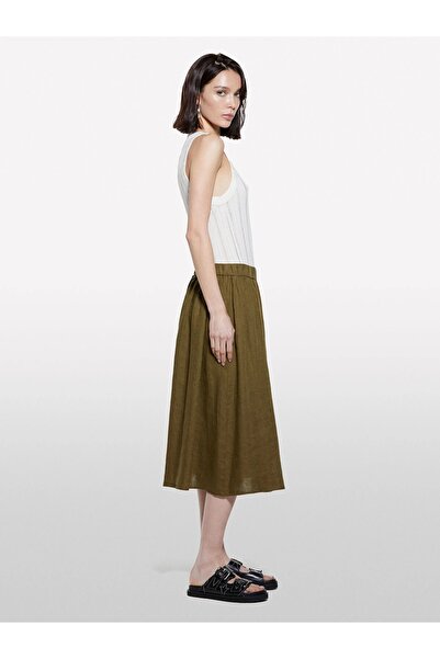 Sisley Women's 100% Linen Elastic Waist Pleated Lightweight Flared Knee-Length Skirt 325P4Aghl002T-Sis1C2