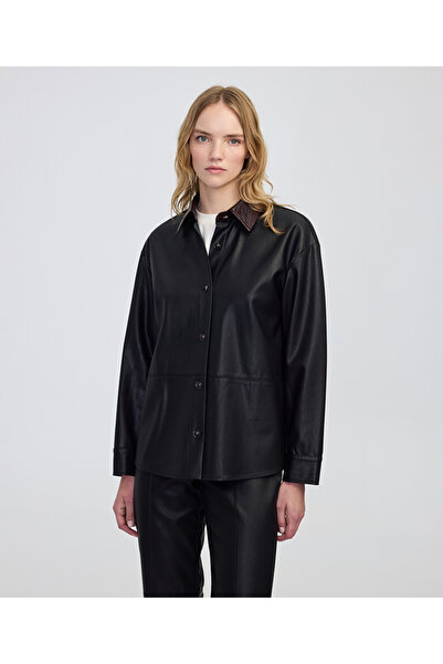 İpekyol Contrast Collar Leather Look Shirt