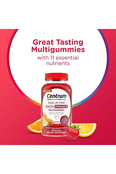Centrum MultiGummies Multi+ Omega-3 Adult Multivitamin Gummies, Strawberry/Lemon/Orange - 110 Count