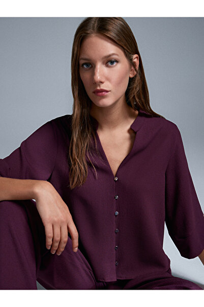 Dilvin 50530 V Yaka Düğmeli Bluz-Bordo