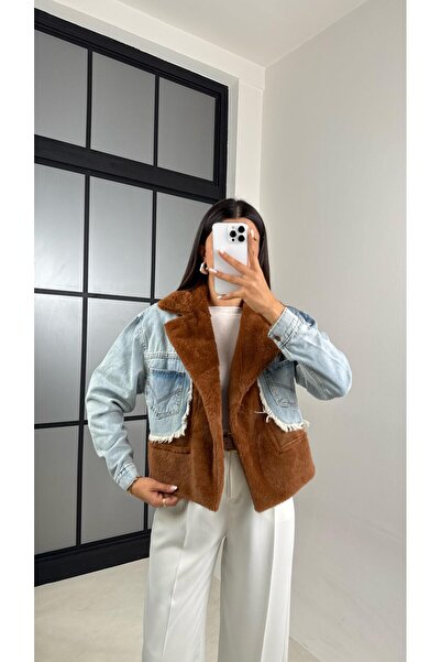 Gaus Kahve Denim Detaylı Peluş Ceket GAUS-00583