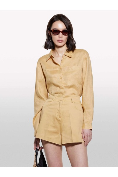 Sisley Women's 100% Linen Buttoned Long Sleeve Shirt with Chest Pocket 325P5Bmllq06S-Sis303