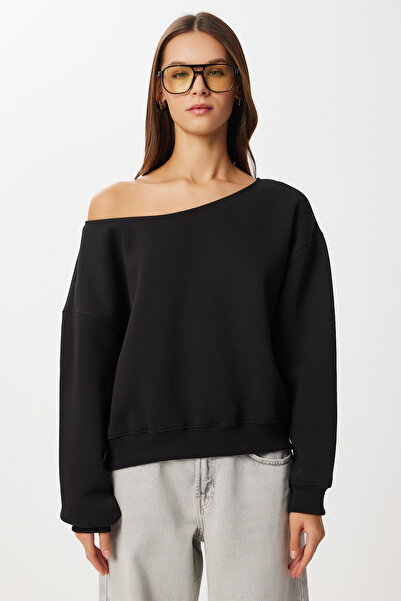 Lovelyİstanbul Πλεκτό φούτερ με ανοιχτό ώμο επένδυση fleece LAN0076 ΜΑΥΡΟ