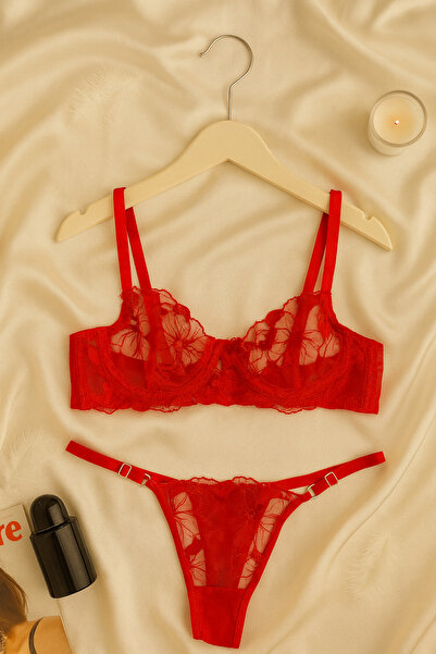 İntive Lingerie Red Lace Transparent Bra Panty Set