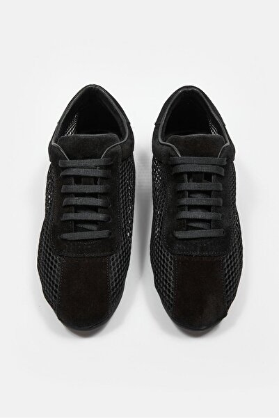 NILUFARR Biella Black Genuine Leather Mesh Women's Sneaker