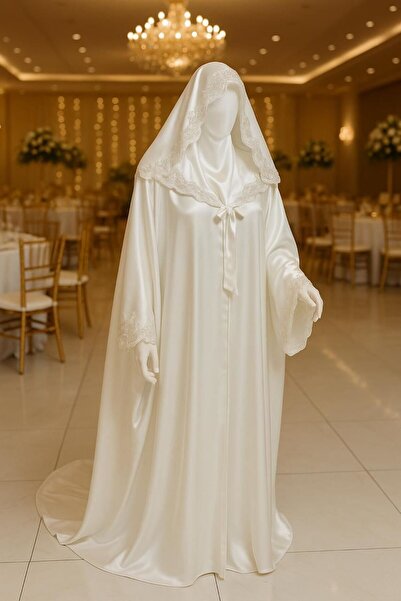 Roshen Bridal abaya with lace design on the chest and hat, luxury and quality for the night of your life