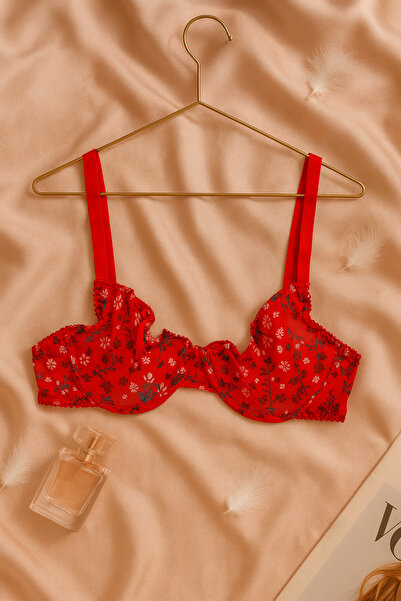 İntive Lingerie Red Floral Patterned Ruffled Tulle Bra Panty Set