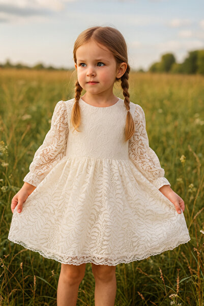 2kids2mom Rochie pentru fetiță, cu mâneci lungi, cu dantelă, cu detaliu de dantelă, cu legături la spate, pentru sărbători și ocazii speciale