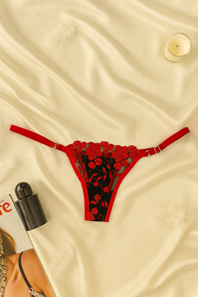 İntive Lingerie Red Floral Embroidered Black Lace Bra Panty Set