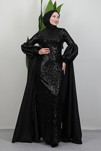 giz astore Kolu Pelerin Payet Abiye Siyah