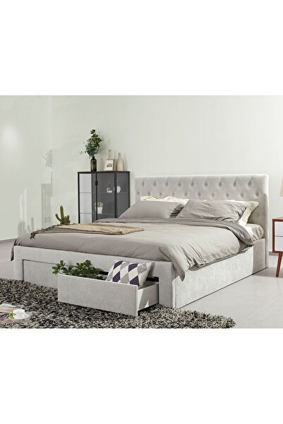 Danube Home Bacia 180x200 King Bed with 2 Front Drawers - Light Grey Fabric Upholstery, 2-Year Warranty
