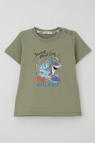 Breeze T-Shirt for Boy Surfer Cute Shark Printed 1.5-5 Years Old, Khaki Green