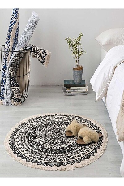 Saharaz سجادة دائرية دائرية بوهيمية قابلة للغسل مصنوعة يدويًا من القطن غير قا...