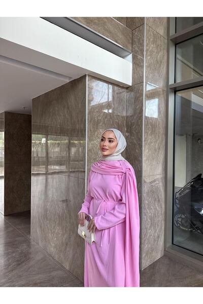 Aden aydın Tesettür atkı detaylı premium pembe elbise