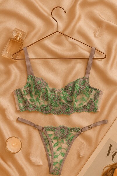 İntive Lingerie Green Lace Transparent Floral Embroidered Bra Panty Set