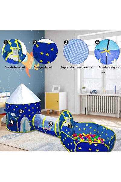 iTin Cort de joaca 3 in 1 cu tunel si castel, pliabil, material rezistent, albastru cosmic