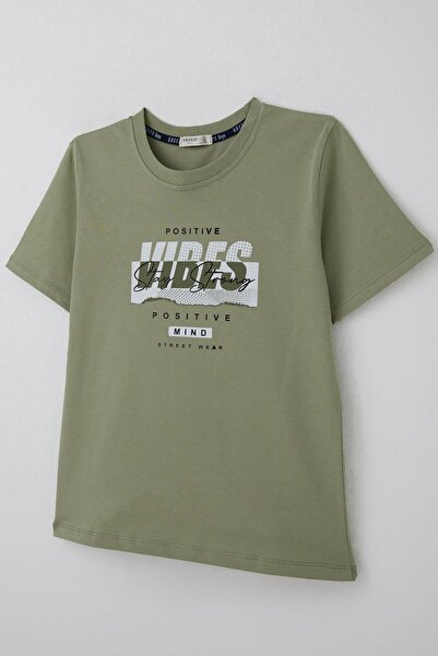 Breeze Boys' T-Shirt with Motivational Theme & Back Text Print Detail, Ages 9-16, Khaki Green