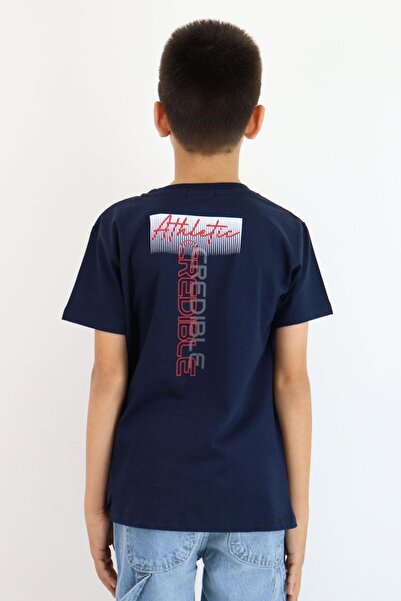 Breeze Boy's T-Shirt with Text Printed on the Back, Detailed Print on the Back, Ages 10-16, Navy Blue
