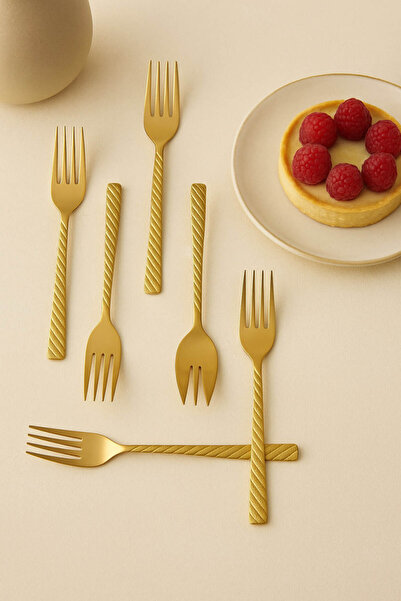 Anadolu Saray Premium Gold Renk Kabartma Desenli 6’lı Tatlı Çatalı Seti – Zarif Sofra Takımı