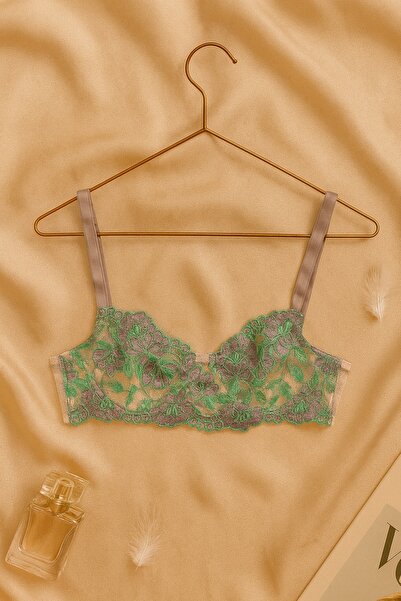 İntive Lingerie Green Lace Transparent Floral Embroidered Bra Panty Set