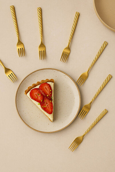 Anadolu Saray Premium Gold Renk Kabartma Desenli 6’lı Tatlı Çatalı Seti – Zarif Sofra Takımı