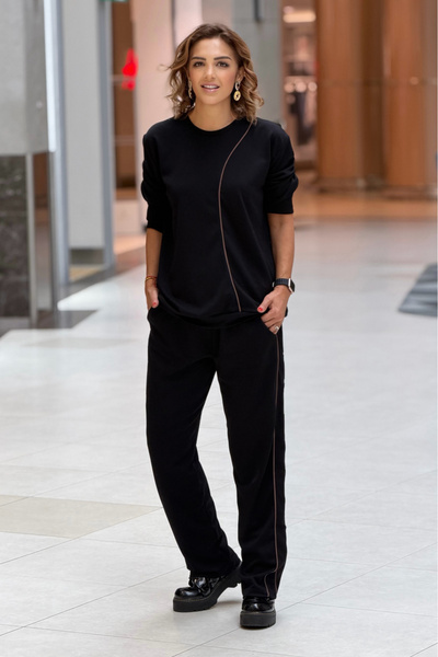 Nevin Kaya Moda Black Coffee Striped Pants Blouse Two Piece Set