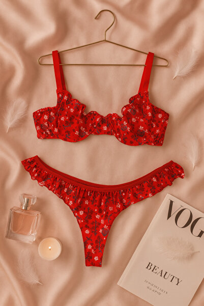 İntive Lingerie Red Floral Patterned Ruffled Tulle Bra Panty Set