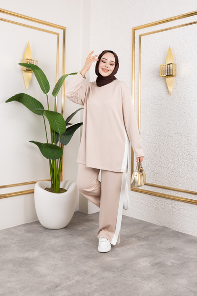 Sfg Life Moda Women's Beige Crew Neck Side Stripe and Bottom-Top Two-Piece Set with Trouser Pockets