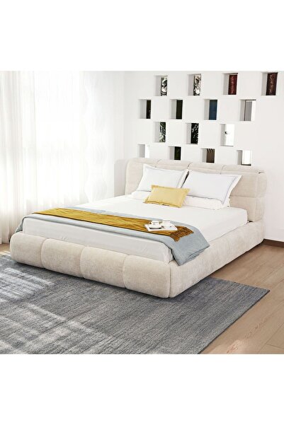 Danube Home Ian 180x200 King Bed with Headboard Storage - Elegant Beige Fabric, 2-Year Warranty