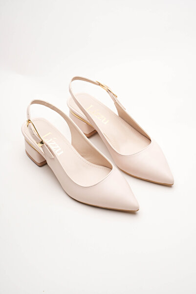 Lizzu Women's Gold Detailed Heeled Shoes Vorina Beige Skin