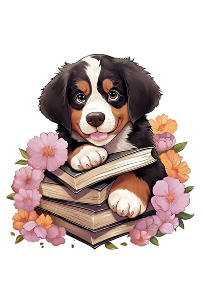 OEM Puppy with books sticker, cheerful illustration, white border, PVC vinyl 10 cm