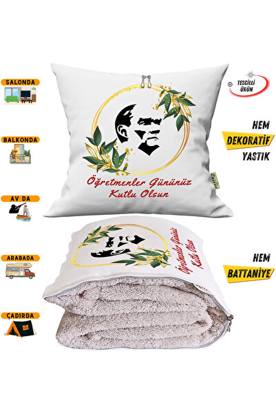 CAİSYA Teacher's Day Atatürk Silhouette Tv Blanket Optional Decorative Pillow Cushion 2in1 Blanket