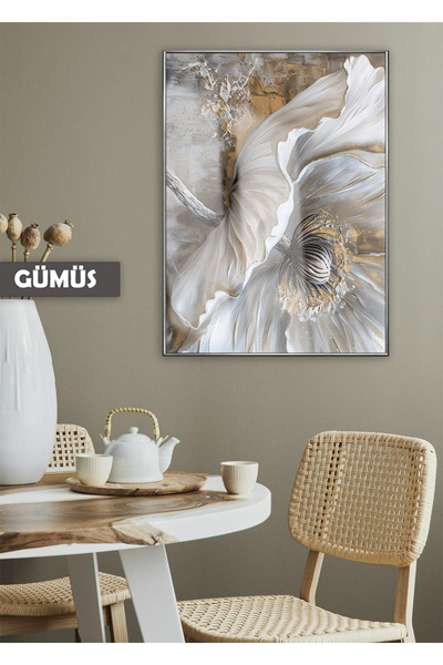 Harikabirev HARİKABİREV|GRİ-GOLD RENKLER SOYUT ÇİÇEK FLORAL-1|ÇERÇEVELİ TEMPERLİ CAM TABLO TEKLİ DİKEY