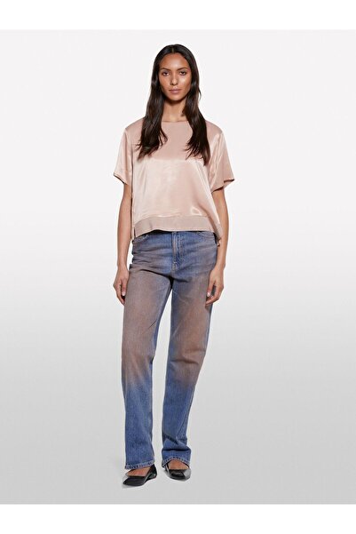 Sisley Women's 100% Viscose Hem Ribbed Slit Wide Neckline Satin Blouse 325P52Bzlq075-Sis104