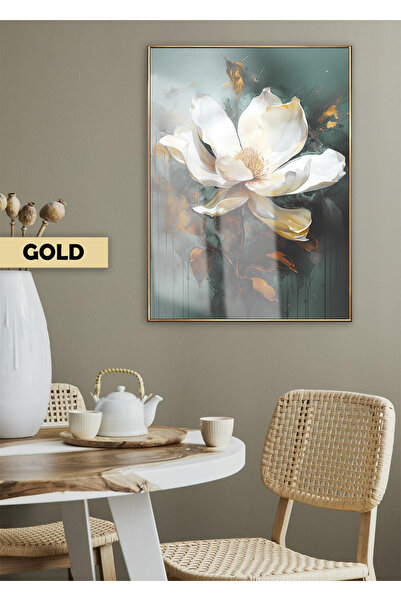 Harikabirev | SU YEŞİLİ-GOLD GARDENYA ÇİÇEK MODELİ 03 | ÇERÇEVELİ TEMPERLİ CAM TABLO TEKLİ DİKEY