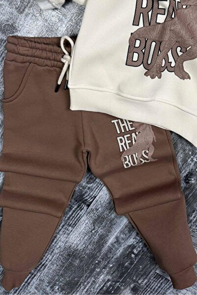 Riccotarz Σετ αθλητικής φόρμας για αγόρι με κουκούλα με κείμενο και Dino με τύπωμα στο μπροστινό μέρος, καφέ φόρμα με 3 κλωστές