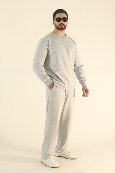 EydaMoon Men's Winter Fleece-Lined Tracksuit Set Sweatshirt Baggy - Gray Regular Crew Neck