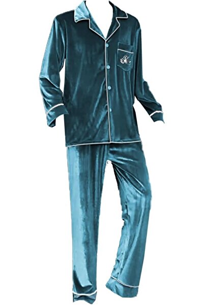 Margoun Men Pyjamas Set Nightwear Two-Pieces Velvet Sleepwear Shirt Pants MG16 -Green