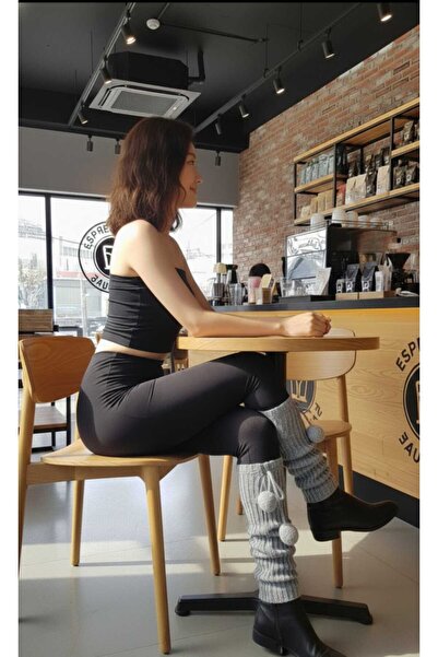 Cockatoo Premium 100% Acrylic Knitwear Knitted Leg Warmer with Pompon Detail Foot Warmer Leggings Socks Gray