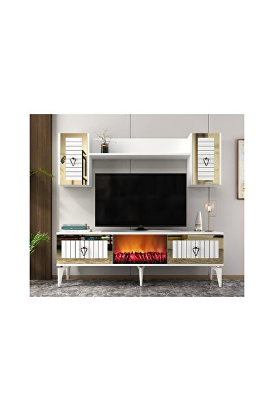 Vivense LİİNDA TV ÜNİTESİ ŞÖMİNELİ TAKIM, BEYAZ ALTIN, 150 CM